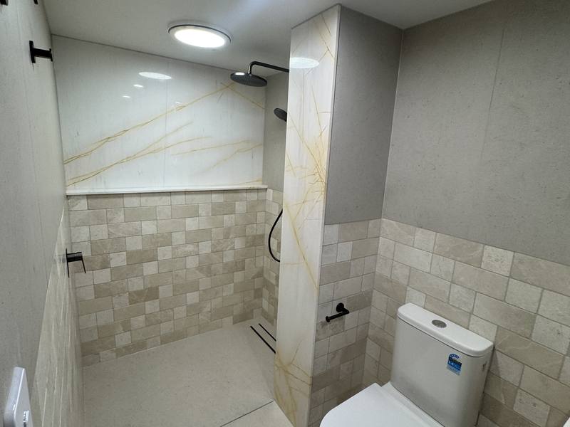 Second bathroom with a walk-in shower, stone feature wall and toilet
